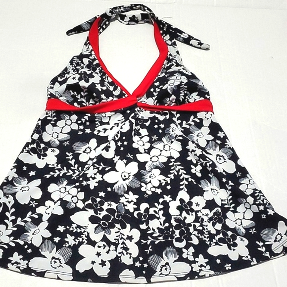 Liz Lange Maternity Bñack White Floral Retro Pool Summer Tankini Top XS